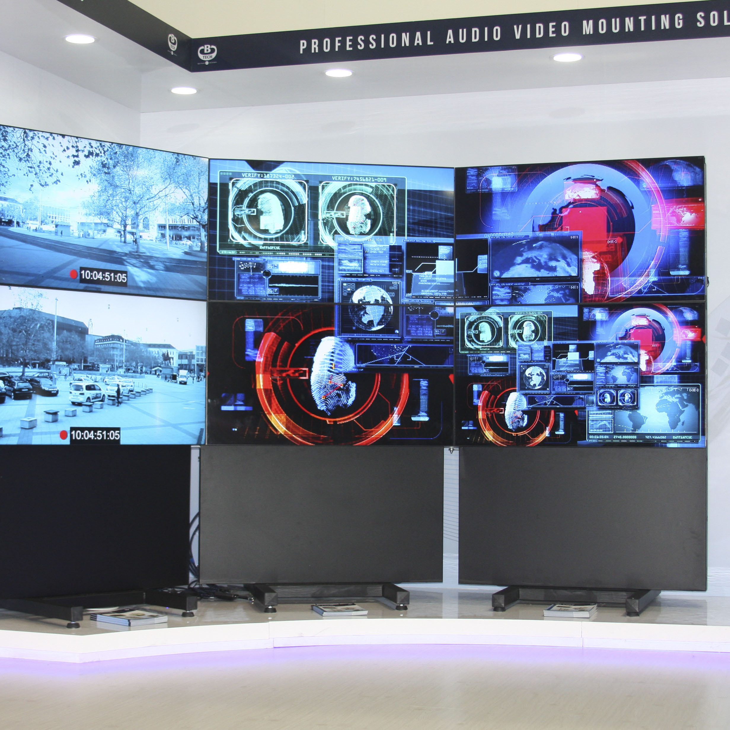 BT8352 modular free standing curved video wall mount in a 3x2 landscape configuration (curved), holding Philips 46&rdquo; screens